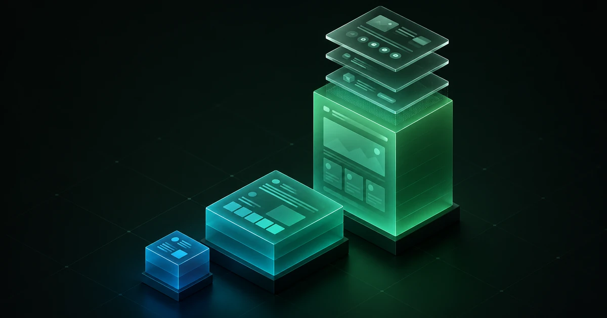Isometric illustration of website building blocks scaling up in size to show how business website cost grows with scope