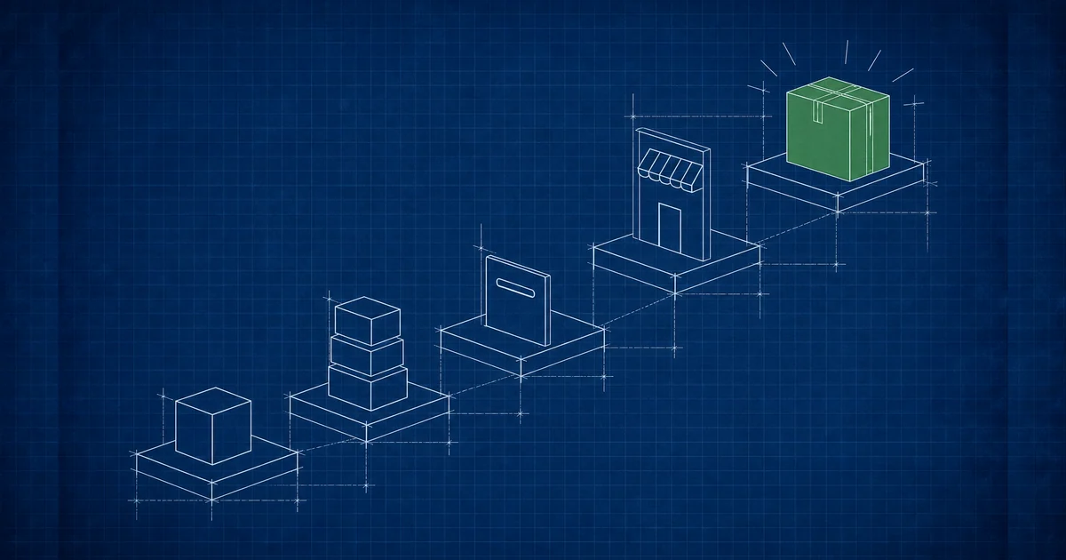 A sequence of stacked stages leading from a single product to a completed order, showing the steps to start an online store