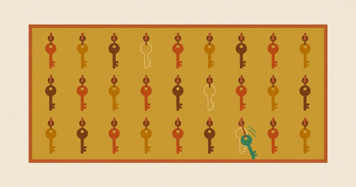 A wall key board with a few empty hooks and one green key being hung back in its place, illustrating taking back control of a website after a developer disappears