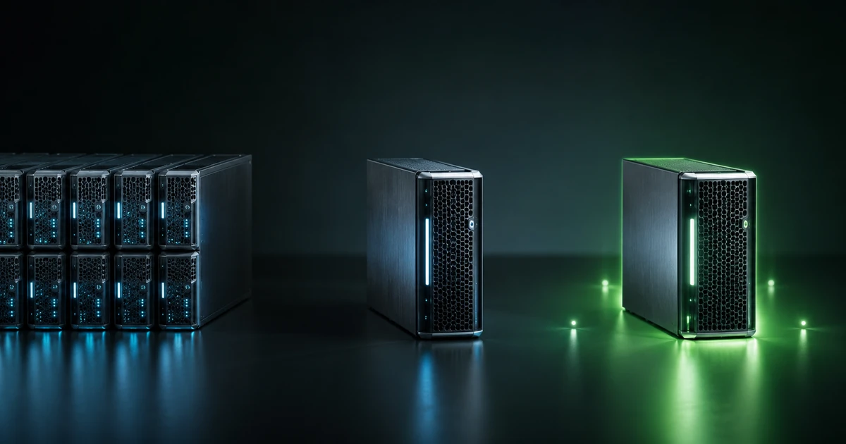 Three web hosting types shown as escalating server units, a crowded shared unit, an isolated VPS unit, and a managed unit glowing in brand green