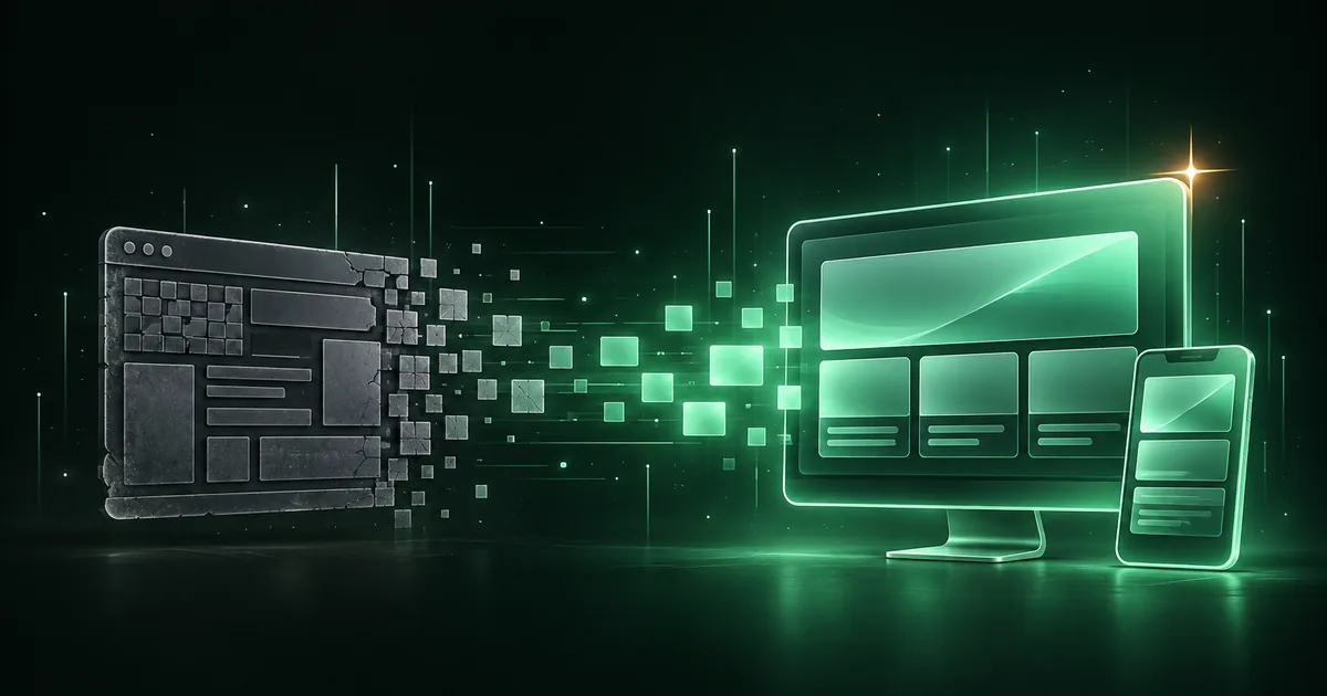 Illustration of an outdated website being rebuilt into a modern, faster version