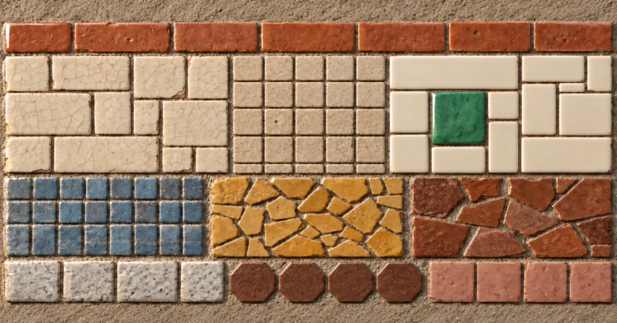 A hand-laid ceramic tile mosaic forming the outline of a website page from ten distinct groups of glazed tiles, with one brand-green keystone tile, representing the essentials of a good business website