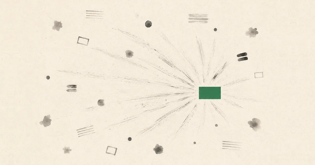 Loose ink brush marks scattered across pale paper drawn inward to one solid green panel, showing an academic's scattered work gathered onto a personal website